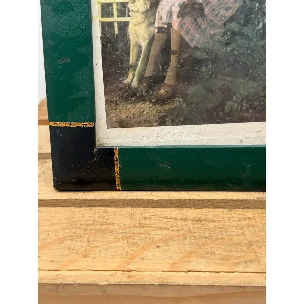 Vintage Hand-Tinted Woman & Dog Portrait in Green Leatherette Frame - 8”x10”